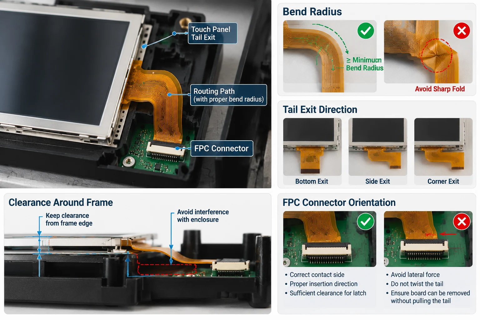 Correct resistive touch tail routing in a small LCD assembly