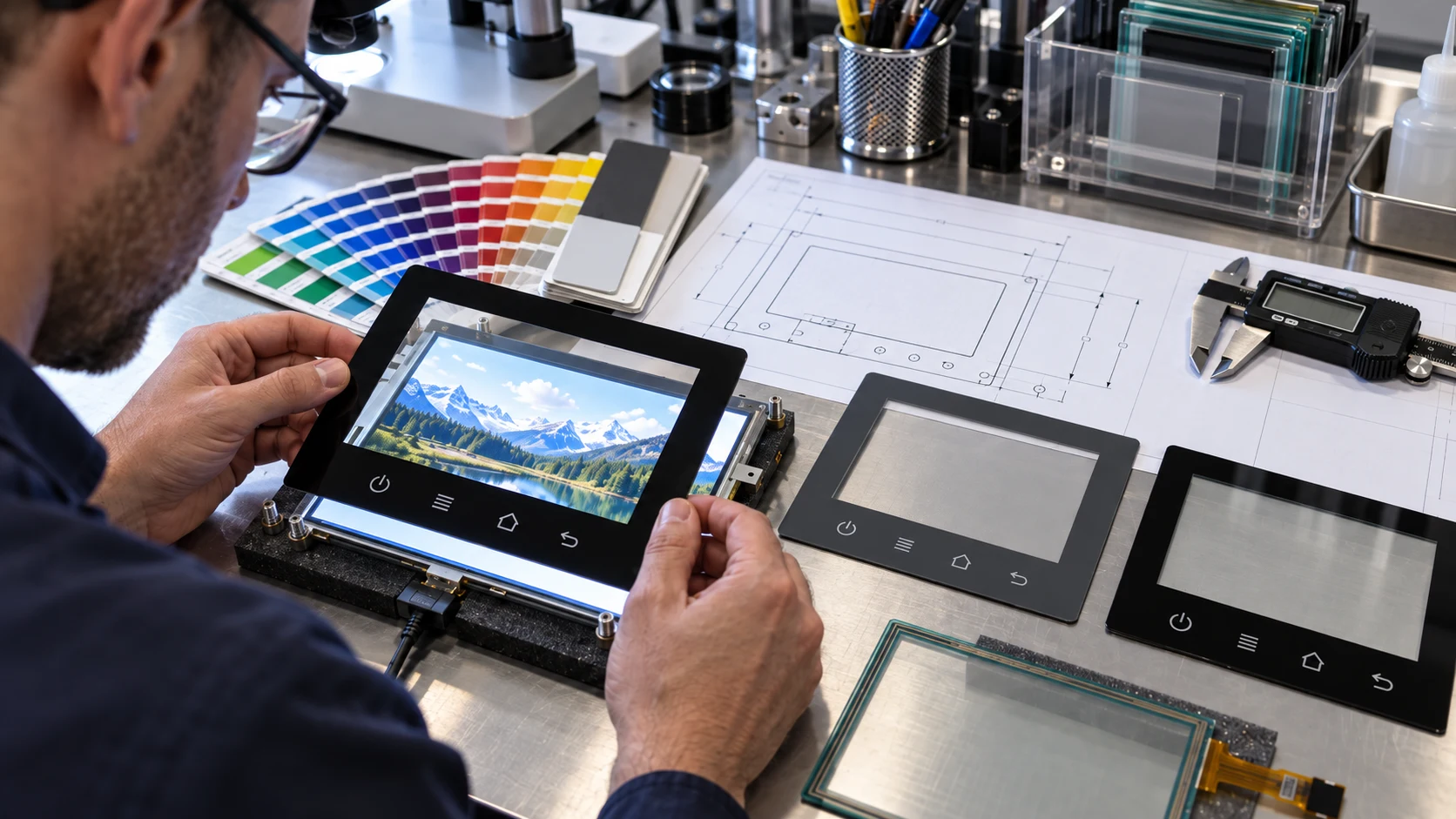Engineer comparing silk-screened cover glass frames, color swatches, and an LCD module
