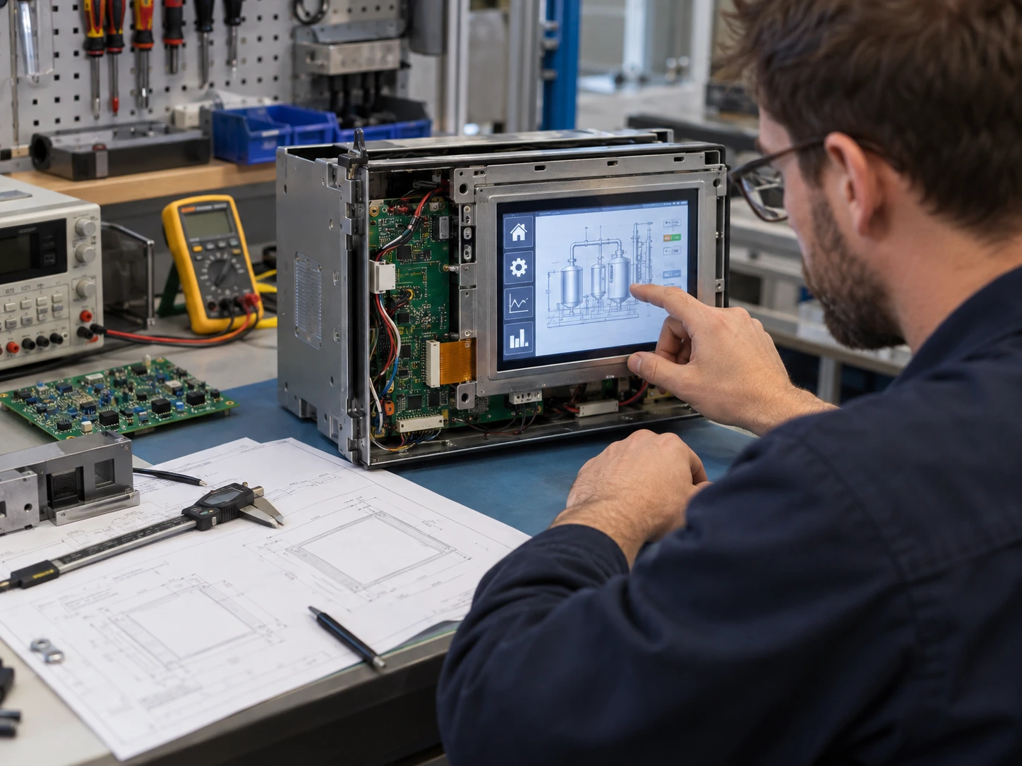 Engineer testing a TFT LCD display module installed in industrial equipment