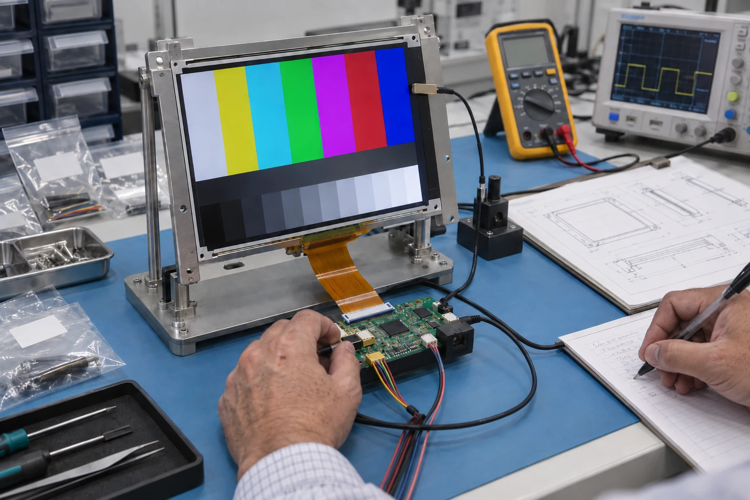Engineer testing a TFT LCD module for electrical compatibility and replacement qualification
