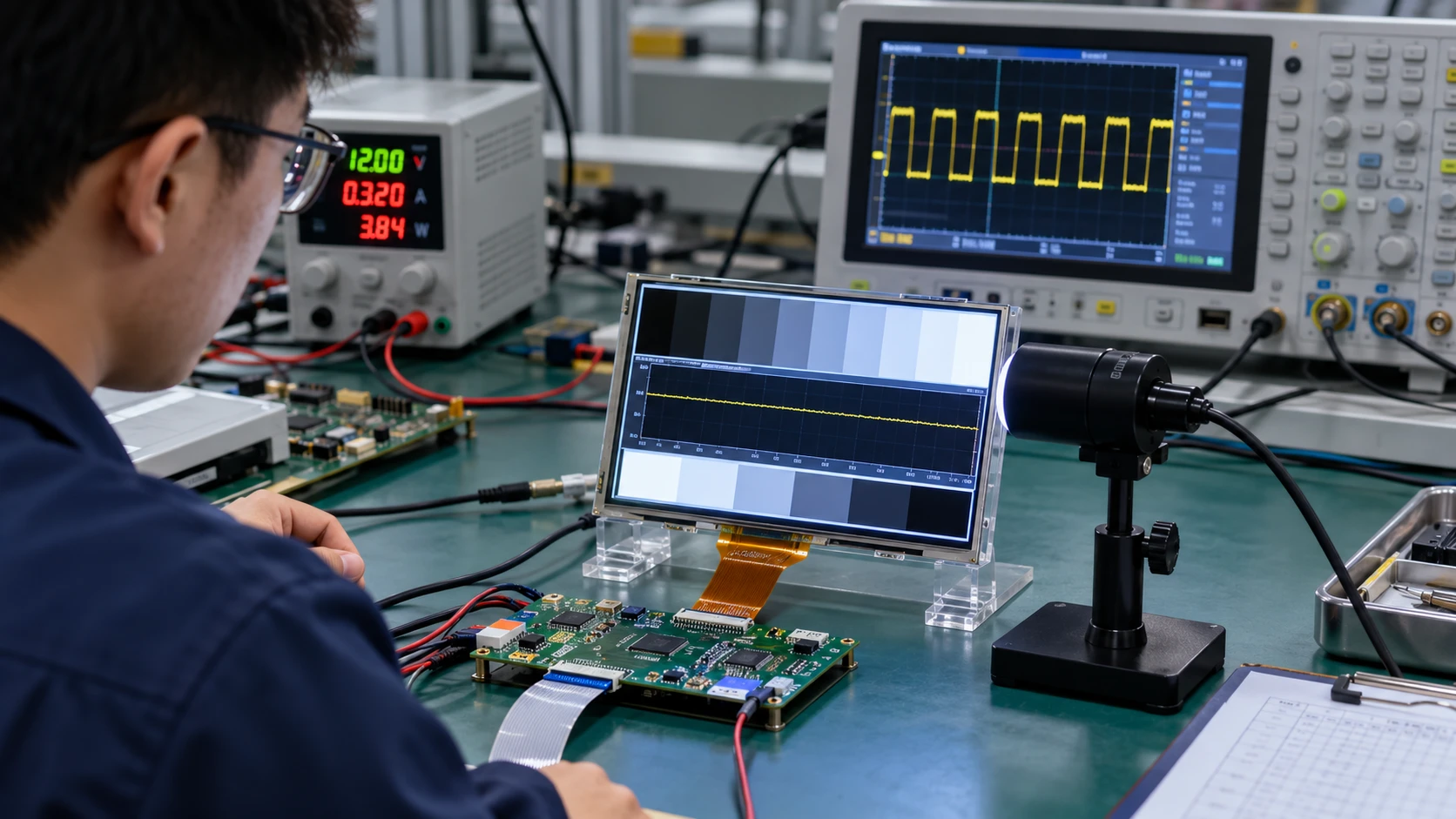 Engineer testing a TFT LCD module with an oscilloscope and waveform display