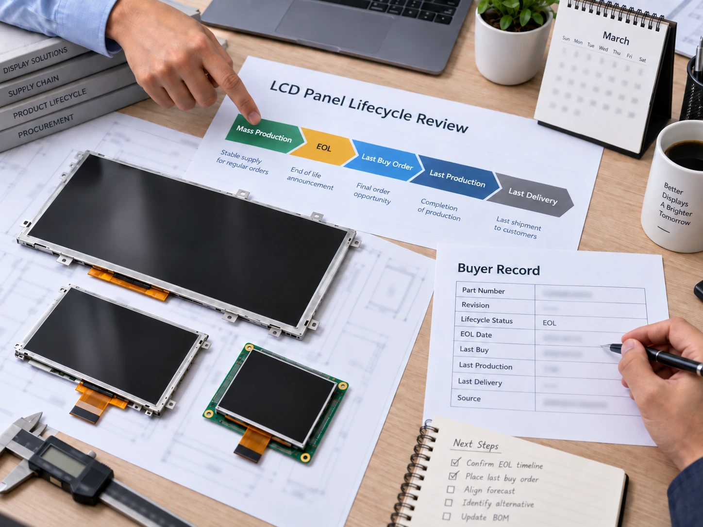 Illustrative LCD panel lifecycle review with blurred project data and EOL procurement steps