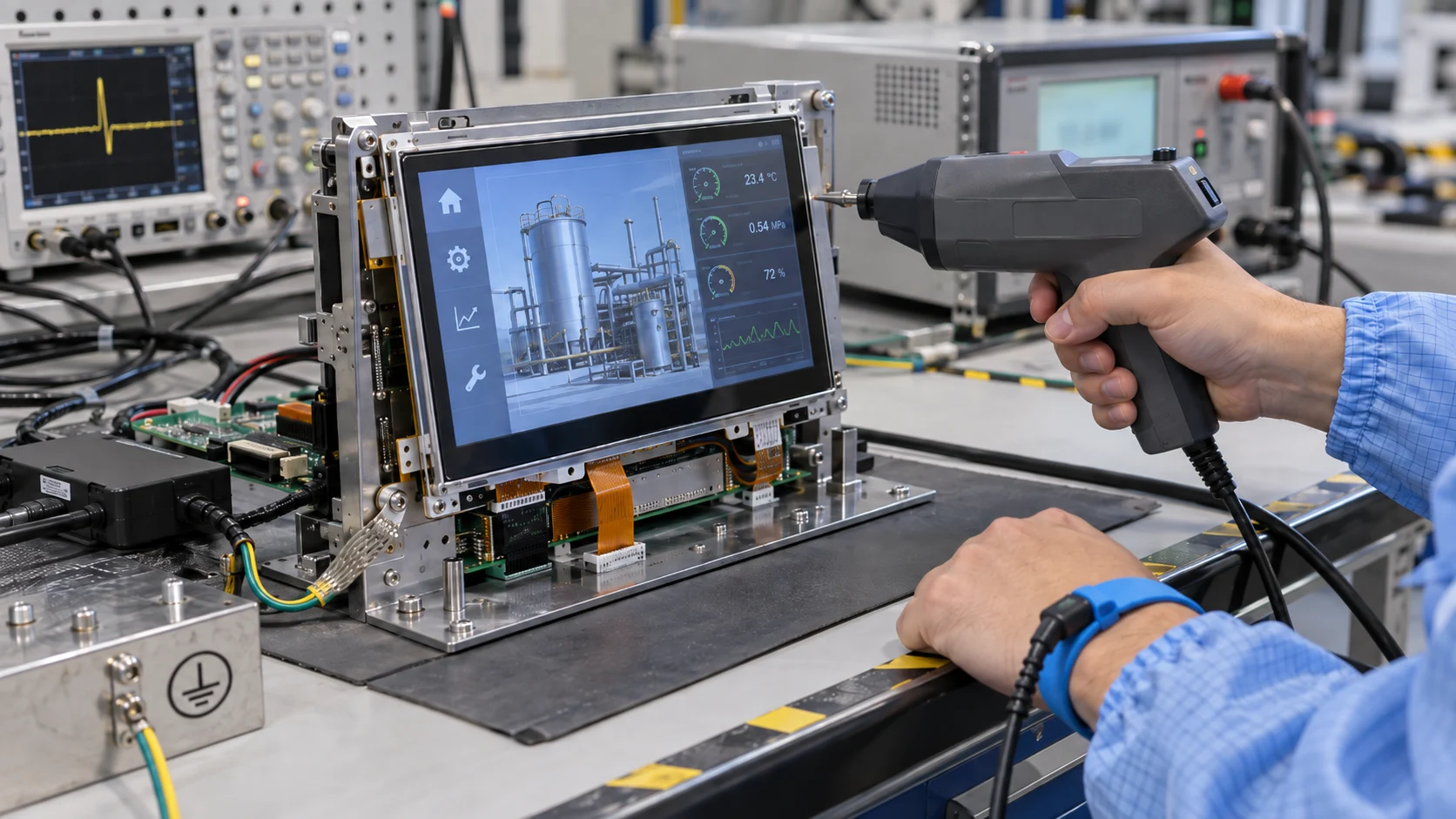 Industrial TFT LCD module undergoing ESD validation testing