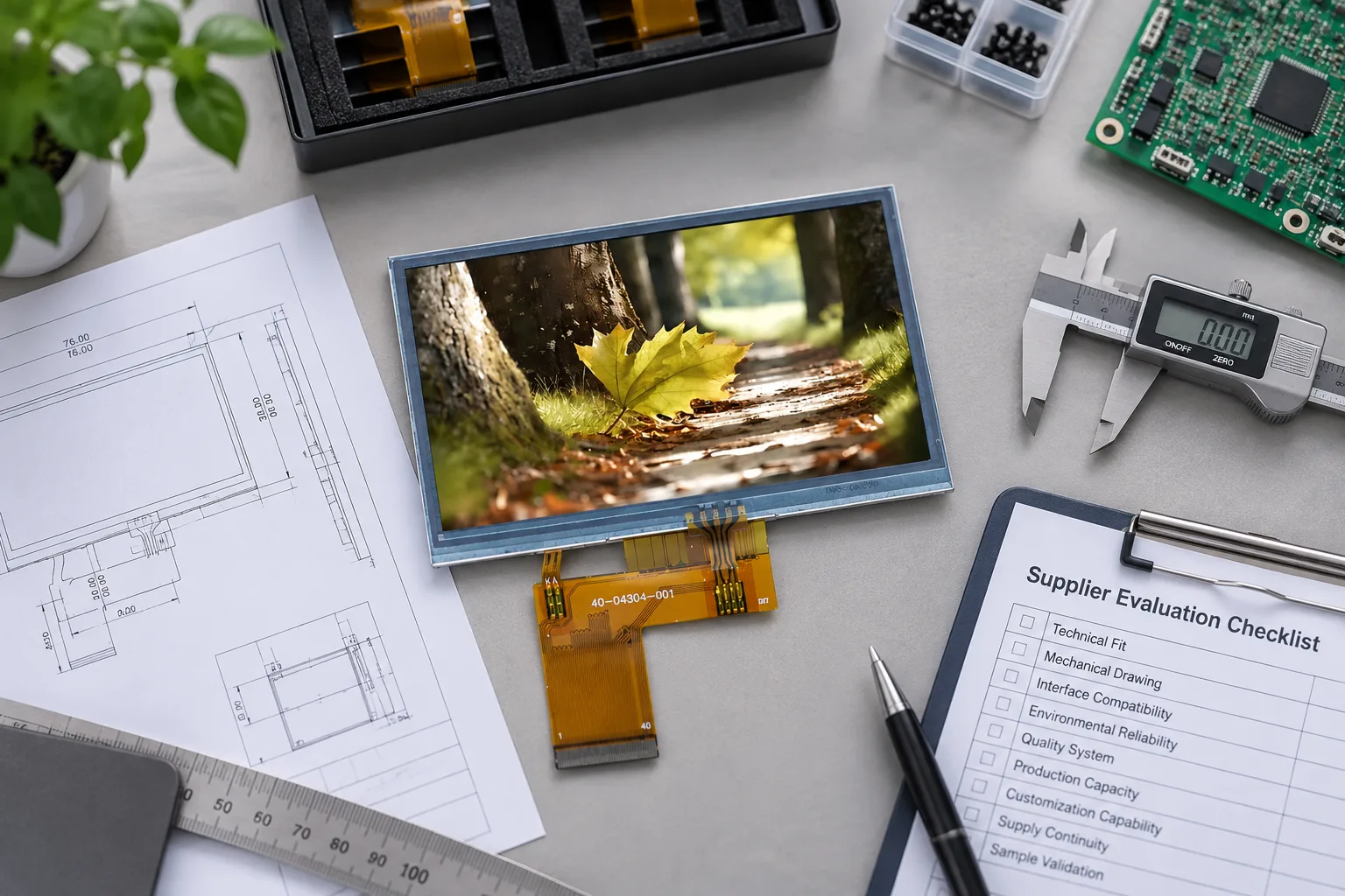 Industrial TFT LCD module with FPC prepared for OEM supplier evaluation