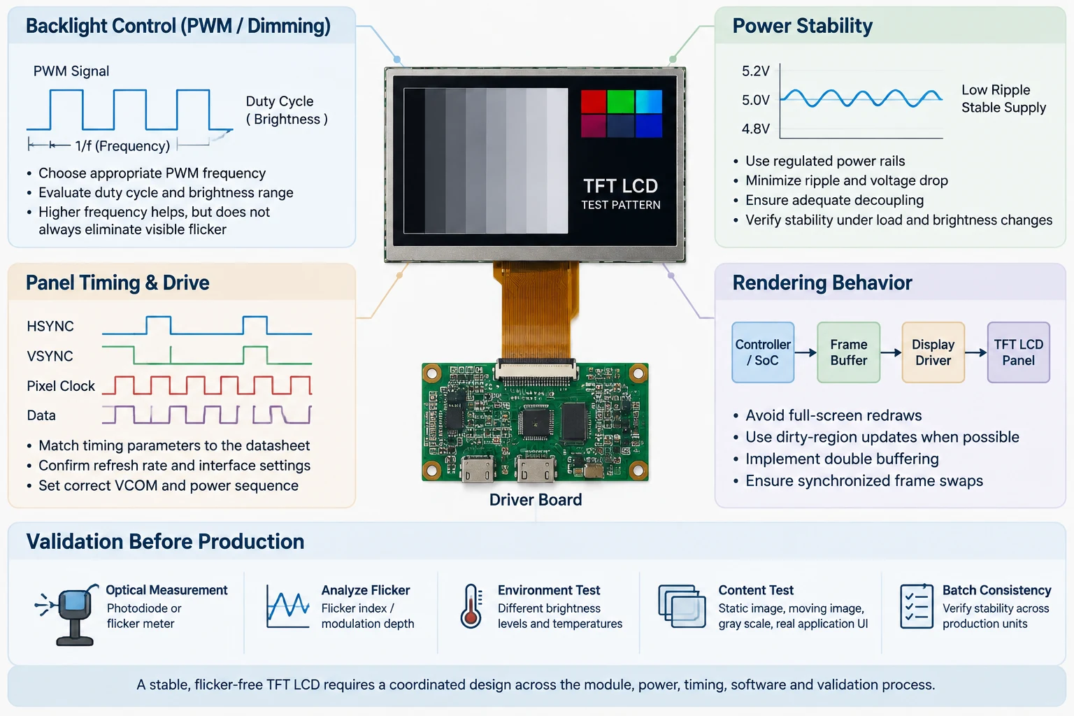 Infographic showing TFT LCD flicker control through backlight, power, timing, rendering, and validation