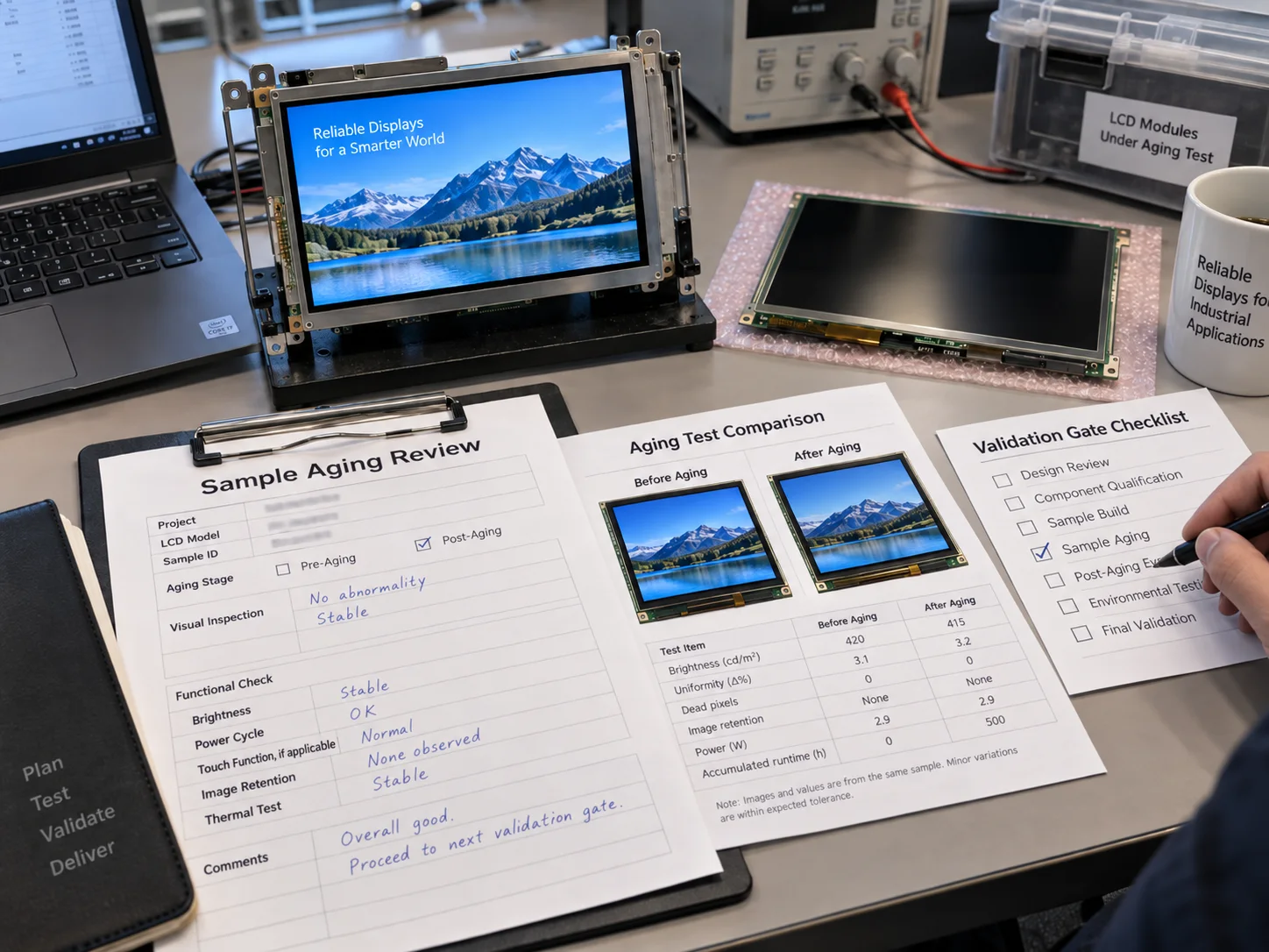 TFT LCD modules compared before and after aging validation