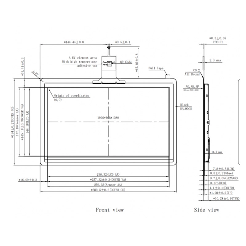 Technical drawing of an 11.6-inch G+G capacitive touch panel showing front and side dimensions