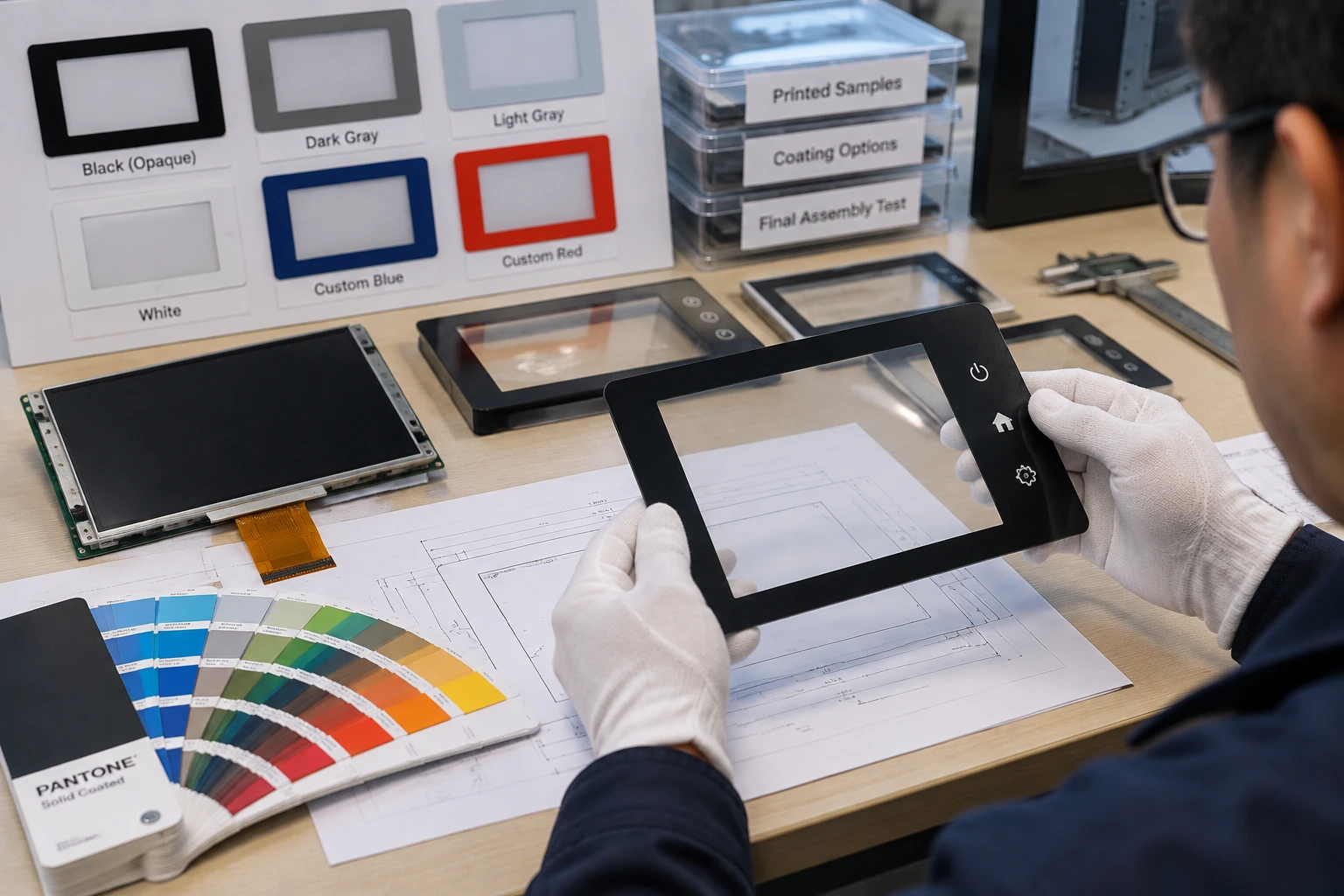 Technician reviewing printed cover glass samples, Pantone color swatches, and an LCD module