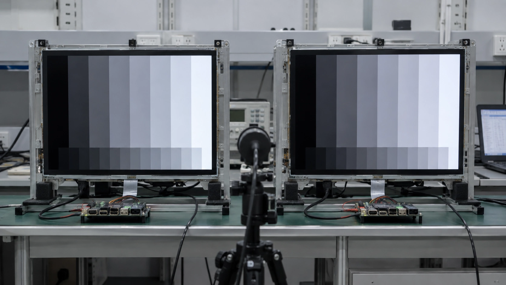 Two LCD samples displaying grayscale test patterns in a controlled comparison setup