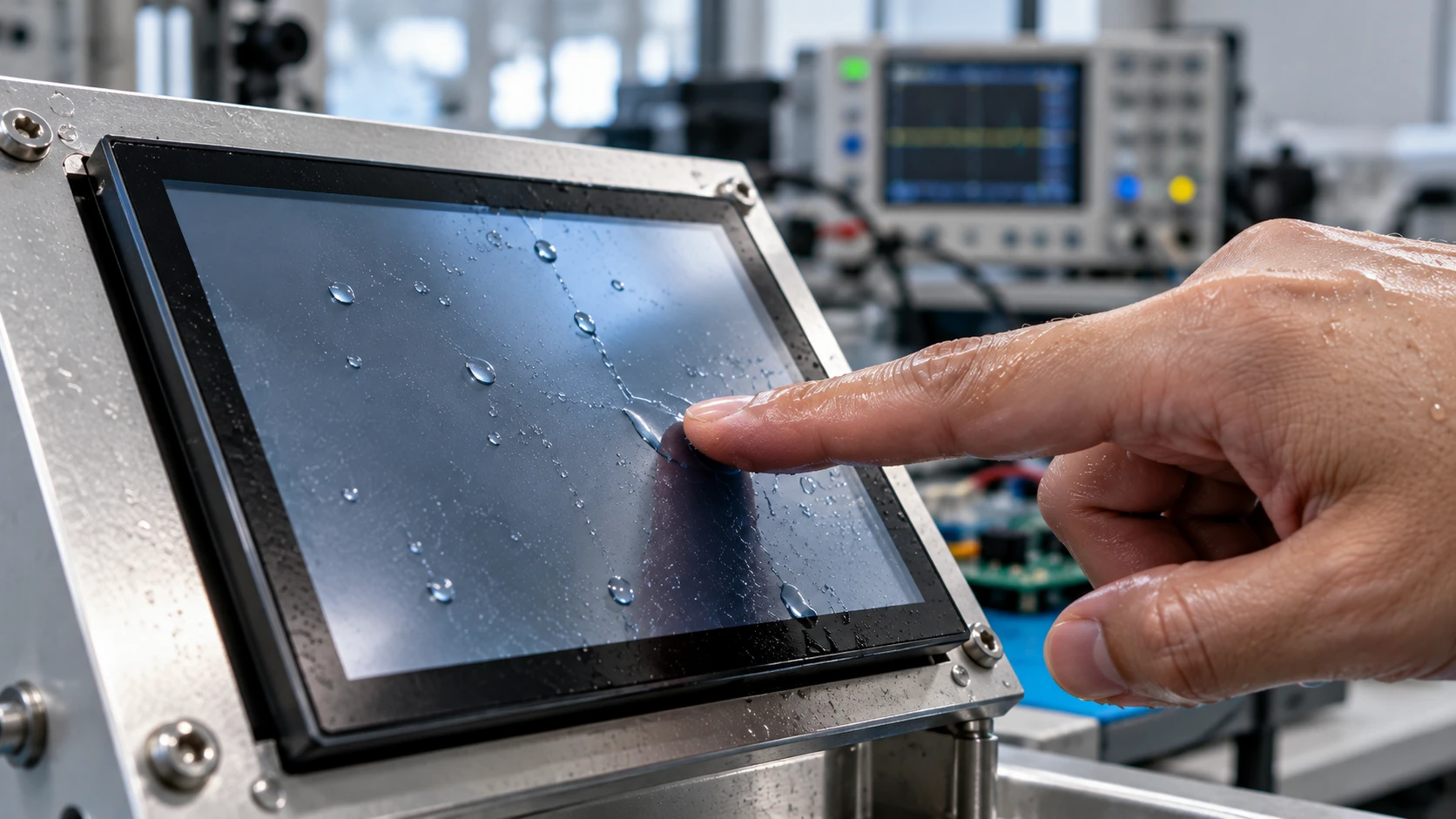 Wet finger operating a water-covered capacitive touch panel during laboratory testing