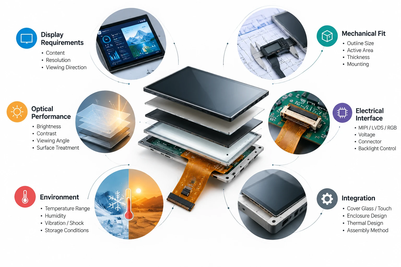 Custom LCD module specification checklist covering mechanical fit, optical performance, electrical interface, environment, and integration