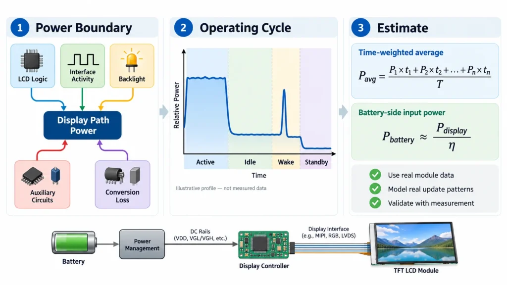 Diagram of TFT LCD power boundaries, operating states, and battery-side power estimation