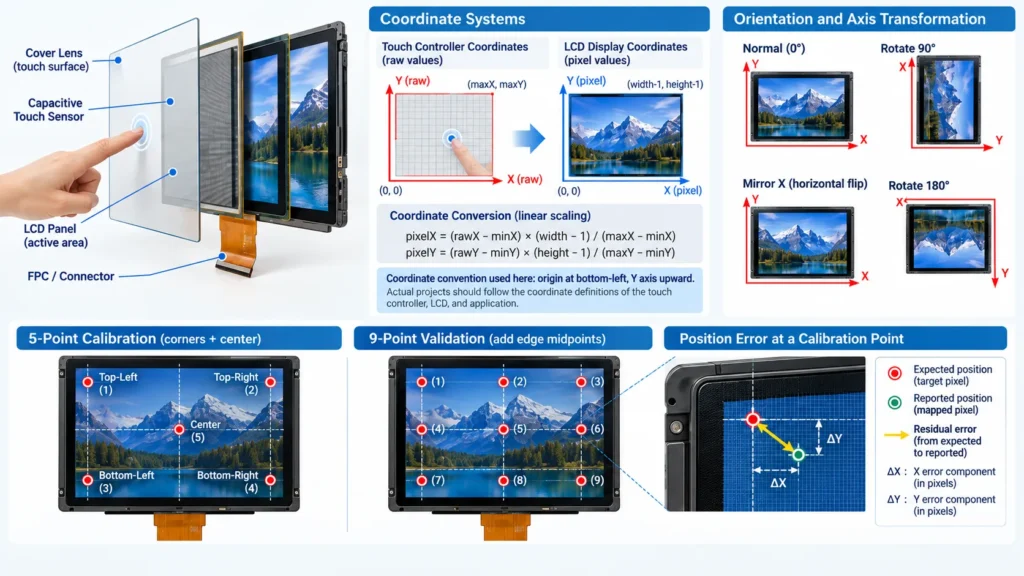 Diagram of capacitive touch mapping, rotation, and calibration points