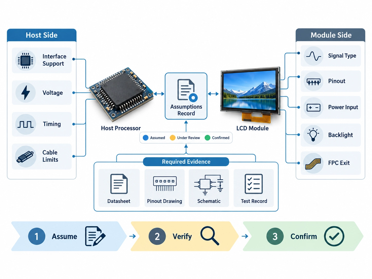 Diagram showing host-side and LCD module-side interface assumptions linked to required engineering evidence