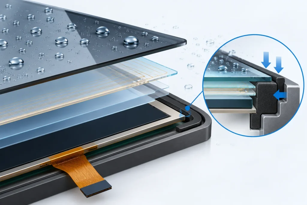 Exploded capacitive touch panel module showing perimeter gasket compression and water sealing