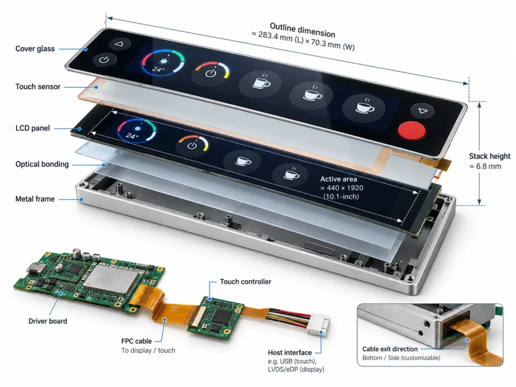 Exploded view of a bar-shaped touch LCD module