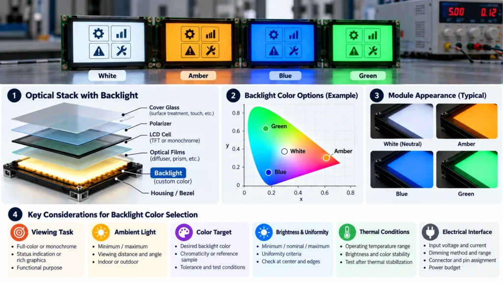 LCD backlight color options, optical stack, and key selection considerations