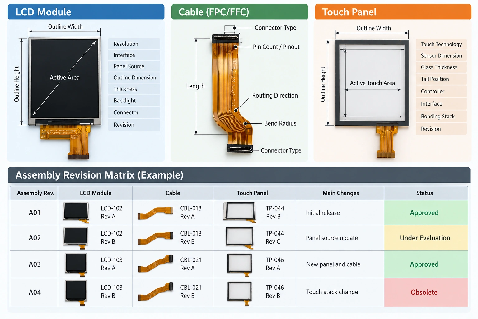 LCD module, display cable, and touch panel revision matrix with key specification fields