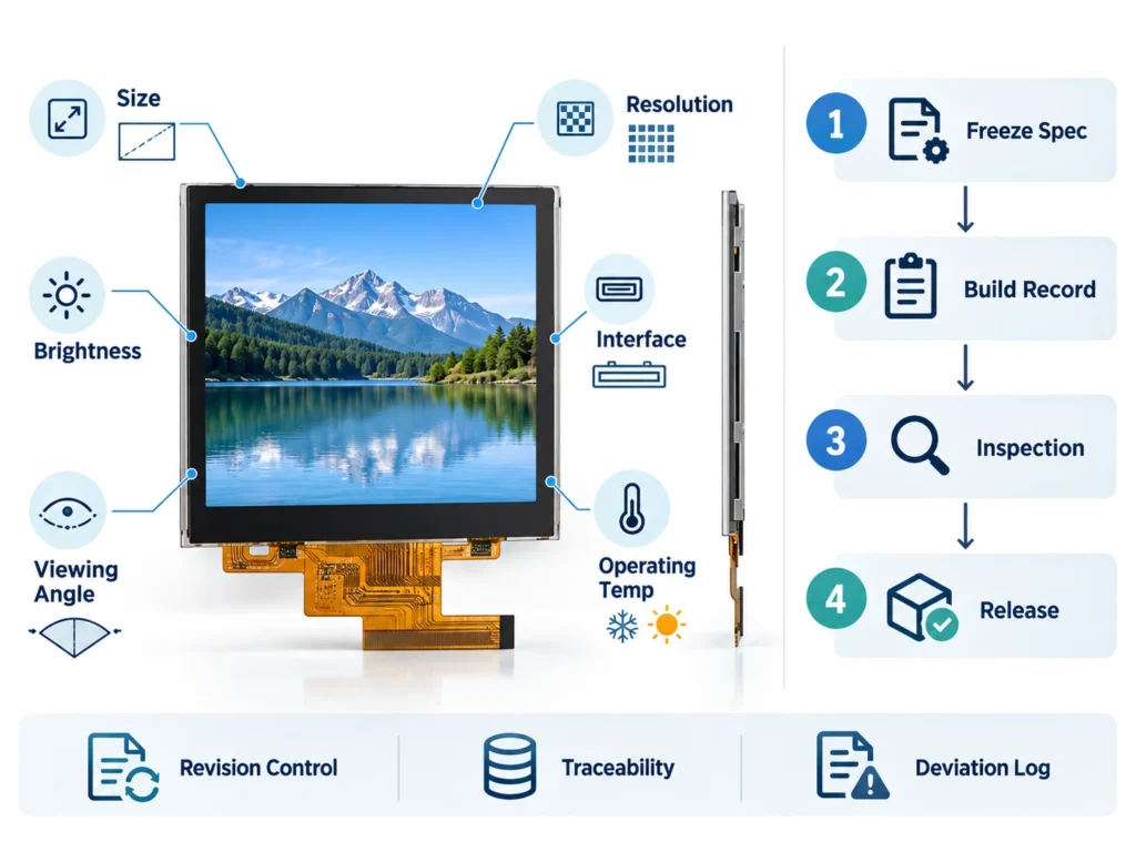 OEM LCD module specifications and pilot-build workflow from specification freeze to build records, inspection, and release