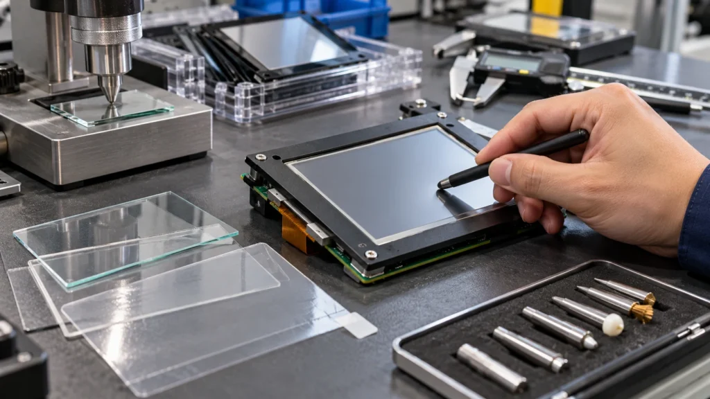 Resistive touch display module undergoing cover-lens hardness testing in an engineering lab