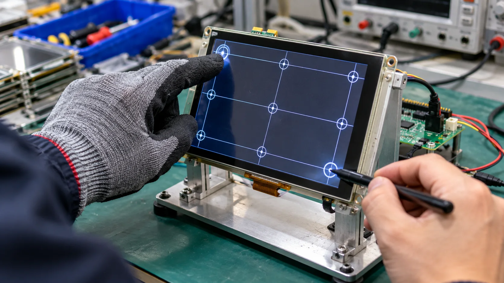 Resistive touch screen response testing with a work glove and stylus