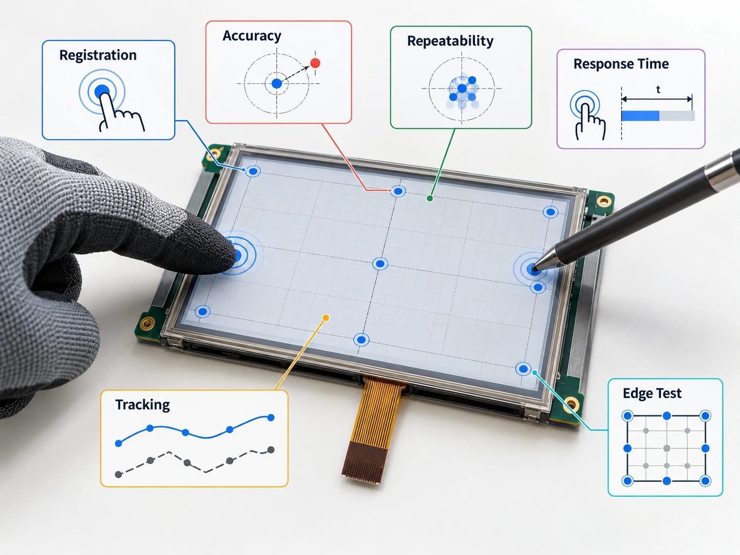 Resistive touch screen test metrics for registration, accuracy, repeatability, response time, tracking, and edge performance