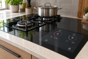 13.36-inch touch display mounted flush beneath the same black glass surface as a smart kitchen cooktop