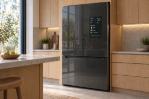 16-inch portrait in-cell display concept integrated into a refrigerator door, showing a food list, compartment-temperature status and replenishment reminders